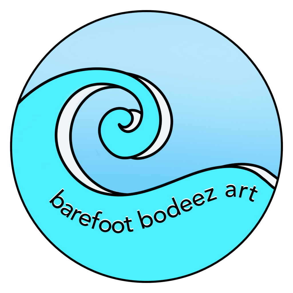 an image of a circular image depicting barefoot bodeez art logo of a large turquoise wave