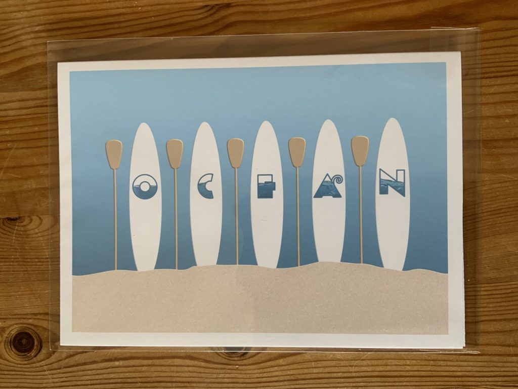 Minimalist-SUP-Design-with-Ocean-Text-greeting-card-by-Barefoot-Bodeez-Art