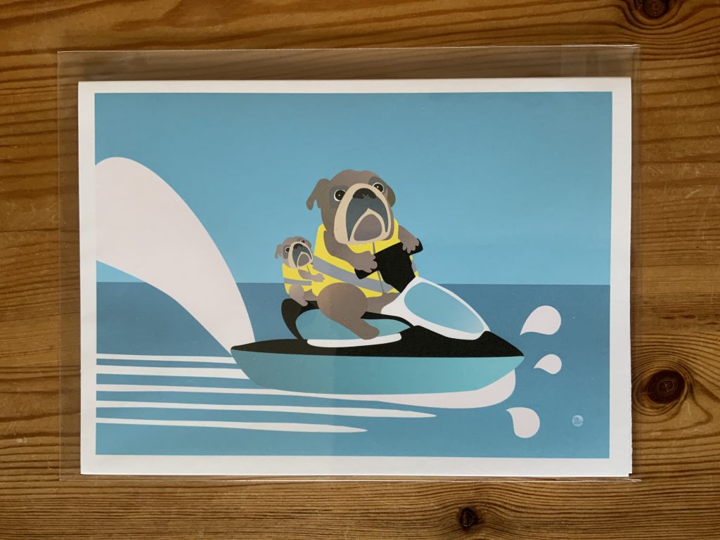 English-Bulldog-and-his-Pup-on-a-Jetski- greeting-card-by Barefoot-Bodeez-Art