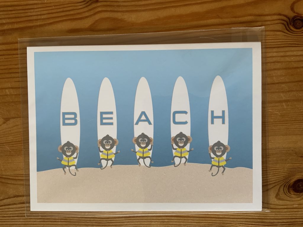 Chimp-Surfer-Team-Selfie-in-Hi-Vis-Vests-Greeting-Card-by-Barefoot-Bodeez-Art
