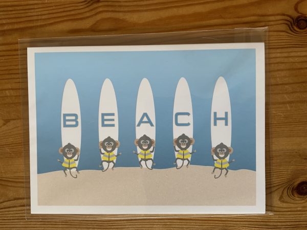 Chimp-Surfer-Team-Selfie-in-Hi-Vis-Vests-Greeting-Card-by-Barefoot-Bodeez-Art