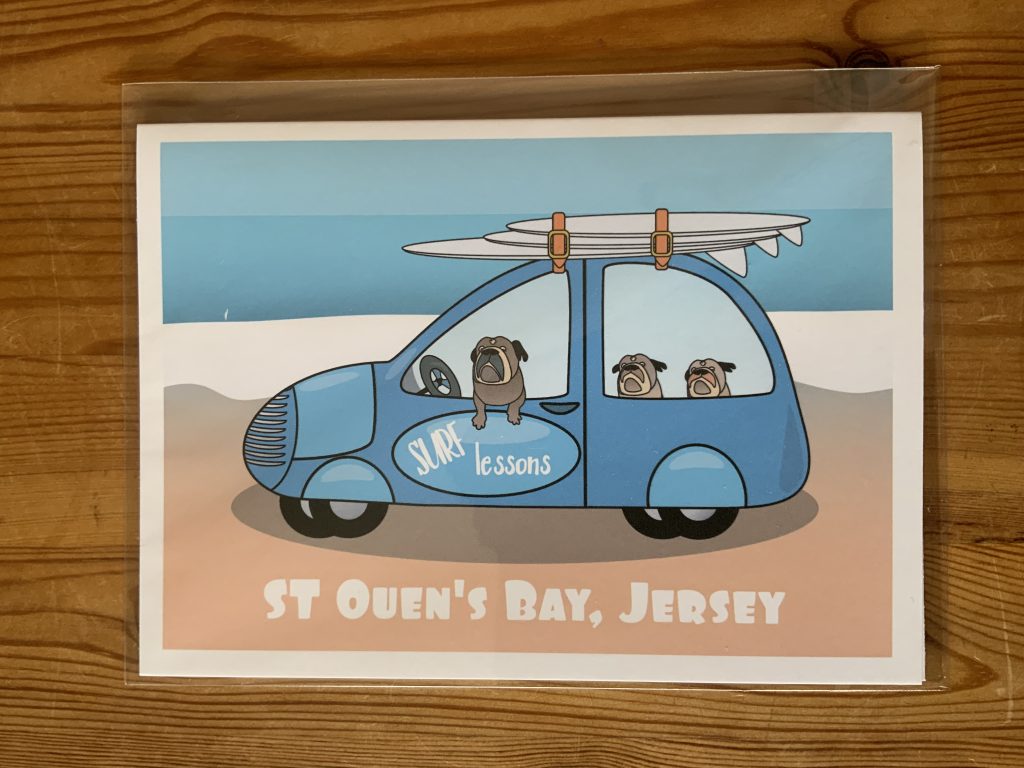 English-Bulldog-Surfing-School-in-St-Ouen’s-Bay-Greeting-Card-by-Barefoot-Bodeez-Art